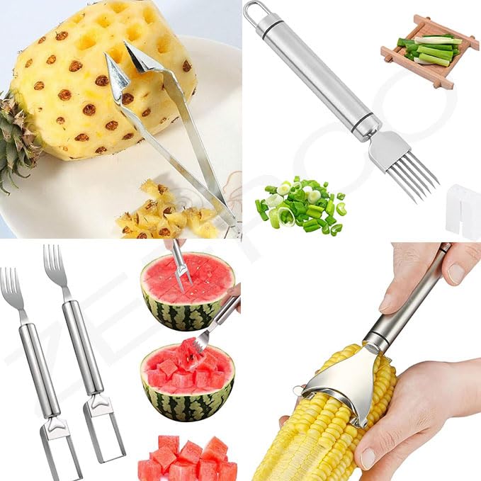 Image of 4 PCS Stainless Steel Corn Peeler 1 PCS .2 in 1 Watermelon Fork Slicer Spoon 1 PCS.Vegetable Scallion CUTTER1 PCS.Pineapple Eye Remover Tool 1 PCS.Combo