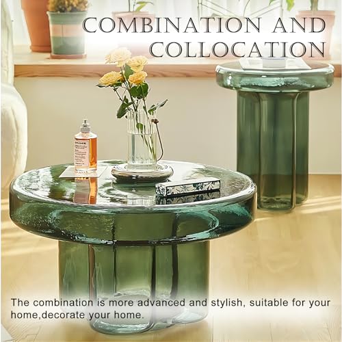 Image of Turq Glass Side Table for Living Room, 19.68 Inches x 12.59 Inches Round End Table with Tempered Glass Top