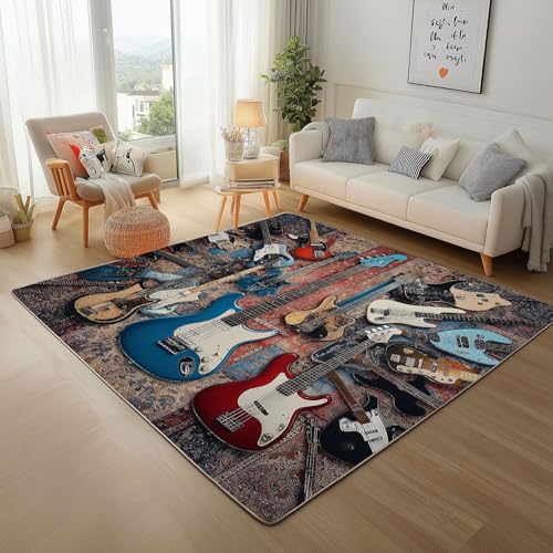 Dyjuaa Musique Rock Rétro Tapis Chambre Lavable en Machine Guitare électrique Carpet AntidéRapant Poil Ras Descente de Lit 80x150 cm Tapis Doux pour Salon, Entrée,...