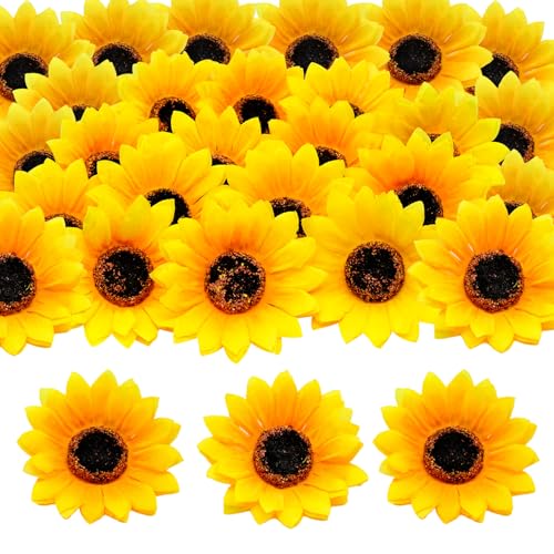 HVIHWI Lot de 30 têtes de tournesols artificiels - 9 cm - Décoration - Tournesols en soie - Jaune - Pour bricolage, mariage, jardin, fête, artisanat