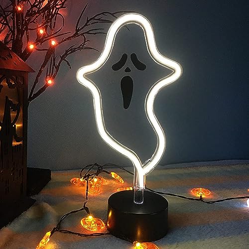 Halloween Décor Cute Ghost Neon Sign, Spooky White Ghost Novelty Light Table Decor, USB or Battery Powered Halloween Neon Light for Bedoom,Kitchen,Halloween Party Decorations