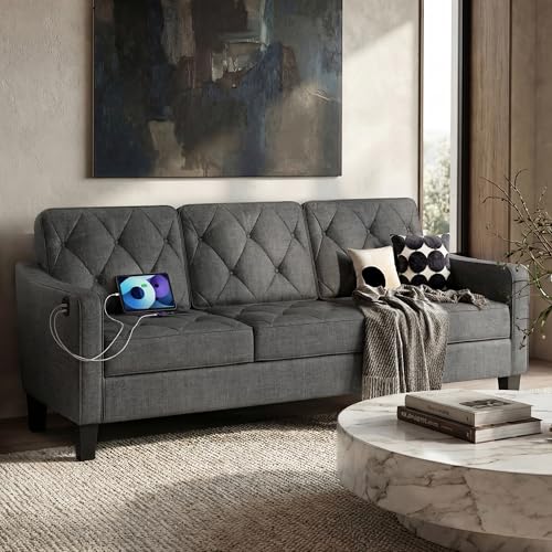 STHOUYN 83” Mid Century Modern 3 Seater Couch, Small Couches for Living Room, Comfy Grey Couch for Apartment Office Waiting Area, Tufted Design (Dark Grey)