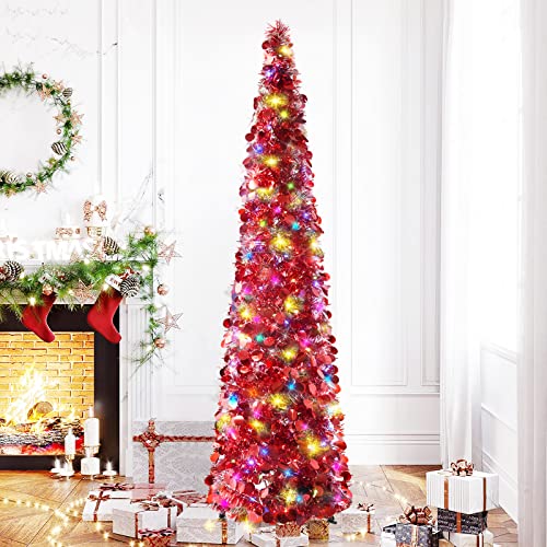 Yuqi 5Ft Christmas Pop Up Tinsel Trees Collapsible Reusable, Artificial Shiny Colorful Red Sequins Pencil Xmas Slim Tree Easy-Assembly With Plastic Stand For Home Apartment, Store, Wedding Decoration #TOP16