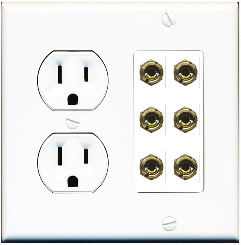 RiteAV 6 Banana 3 Speaker Surround Female Coupler Binding Post Wall Plate - Round Outlet [Ivory/Ivory]