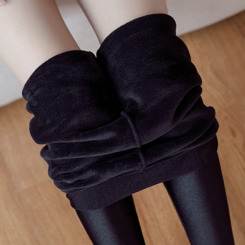 Leggings Femmes en Peluche Épaissie De Leggings Hautes Hautes Leggings Chauds Noirs-Black A,XL