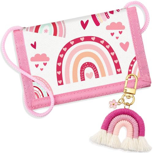 Hestya Kinder Brustbeutel - Dreifach Gefaltete Geldbörse mit Schlüsselanhänger, Portemonnaie zum Umhängen Schultüte Füllung Geschenk für Jungen & Mädchen (Regenbogen Boho - Rosa)