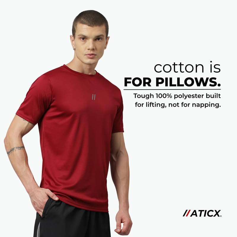 Image of ATICX Slim Fit Polyester Sports T-Shirt for Men - Round Neck Quick Dry Fit Half Sleeve Breathable Stylish Gym & Workout Tee - Lightweight Running Cycling Football Swimming Training Sportswear Top