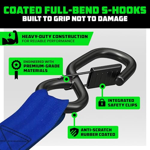 Image of Rhino USA Retractable Ratchet Straps (4-Pack) - 1 Inch x 10 Feet (1,209lb Break Strength) - Auto Self Retracting Tie Down Straps for Truck, Cargo Trailer, Motorcycle, ATV, UTV - Blue