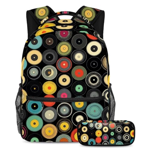 Cartables noirs pour enfants avec trousse et motif disques | Ensemble scolaire 2 pièces pour élève
