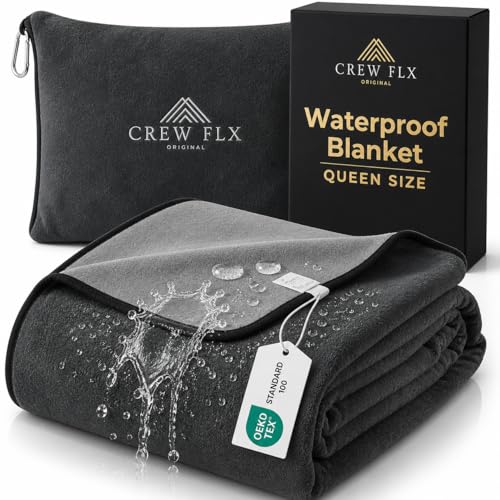 CREW FLX Waterproof Blanket for Bed (80x60 Queen Size) Reversible Plush Fleece Moisture Absorbent TPU Layer Stain Proof Couch Bed Mattress Water Proof Cover Light/Dark Gray