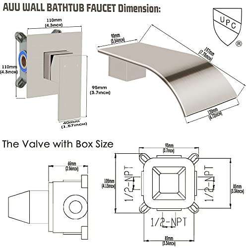 Auu Wall Mounted Bathtub Faucet, Waterfall Romsn Tub Filler Single Handle,Solid Brass Bathroom Sink Faucet Rough-In Valve Included (Brushed Nickel) #TOP1