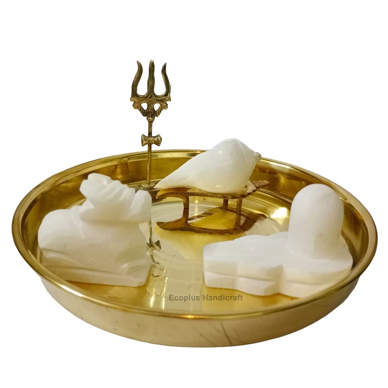 ECOPLUS HANDICRAFT White Marble shivling (3 inch) White Nandi - (2.5 inch) Brass trishul - (4 inch) Pooja shankh with shankh Stand Brass Pooja thali (10inch) Puja Set