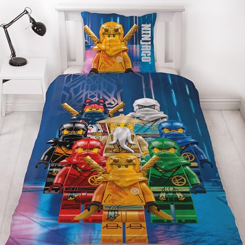 Parure de lit Lego Ninjago 135 x 200 cm Idée Cadeau pour Enfants 1 x Taie d'oreiller 80 x 80 cm + Housse de Couette 135 x 200 cm avec Fermeture éclair Motif...