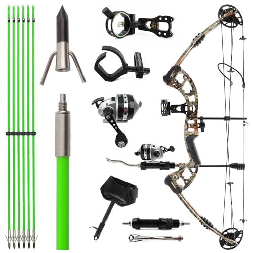 Archery Compound Bow Bowfishing Kit Ready to Fish with Fishing Arrows and Bowfishing Reel Set, Draw Weight 30-55 LBS, RH/LH Optional for Adult and Beginner Hunting Shooting (Camo, Right-Handed Bow)