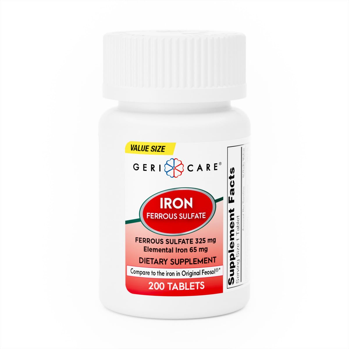GeriCare Ferrous Sulfate Tablets 325mg, Elemental Iron 65 mg High Potency Iron Supplement | Dietary Supplement 200 Count. (Pack of 1) 200 Count (Pack of 1)