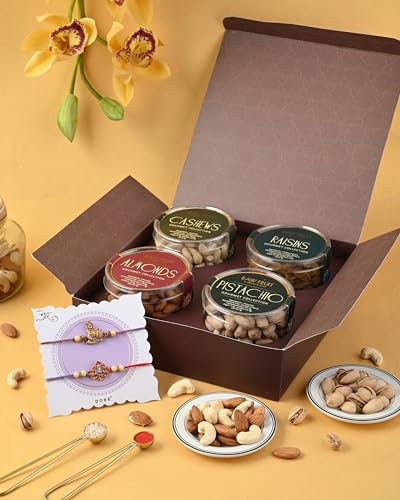 Image of Hyperfoods Rakhi Gift Hamper For Brother RakhiGift Set For Brother Gift For Brother Raksha Bandhan Small Pet Jars Pack Of 4 Dry Fruits Almond Cashew Pista Raisins Raksha Bandhan Gifts