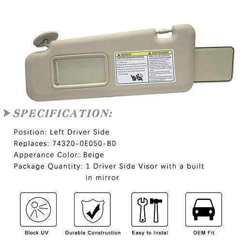 image for A ABIGAIL Left Driver Side Sun Visor Replacement for Toyota Highlander