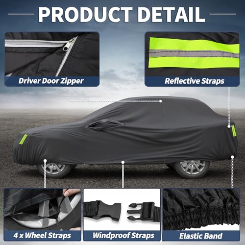 Image of X AUTOHAUX Waterproof Sedan Car Cover for Sedan Length Up to 177 Inch Sedan All Weather Protection Anti-UV Windproof with Left Side Zipper and Mirror Pockets
