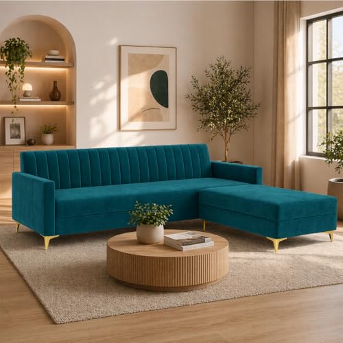Image of SOCOZI Morello 4 Seater L Shape Sofa Set with Movable Ottoman | Flexible Left or Right Layout | Soft Velvet Suede Fabric | Modern Design | Plush Comfort Cushions for Living Room (Green Teal)