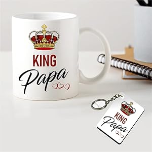 PICRAZEE “King Papa Gift for Fathers Day / Birthday Gift for Father | Dad | Papa | Daddy (1 White Ceramic Coffee Mug, 1 Wooden Key Ring) (King Papa)