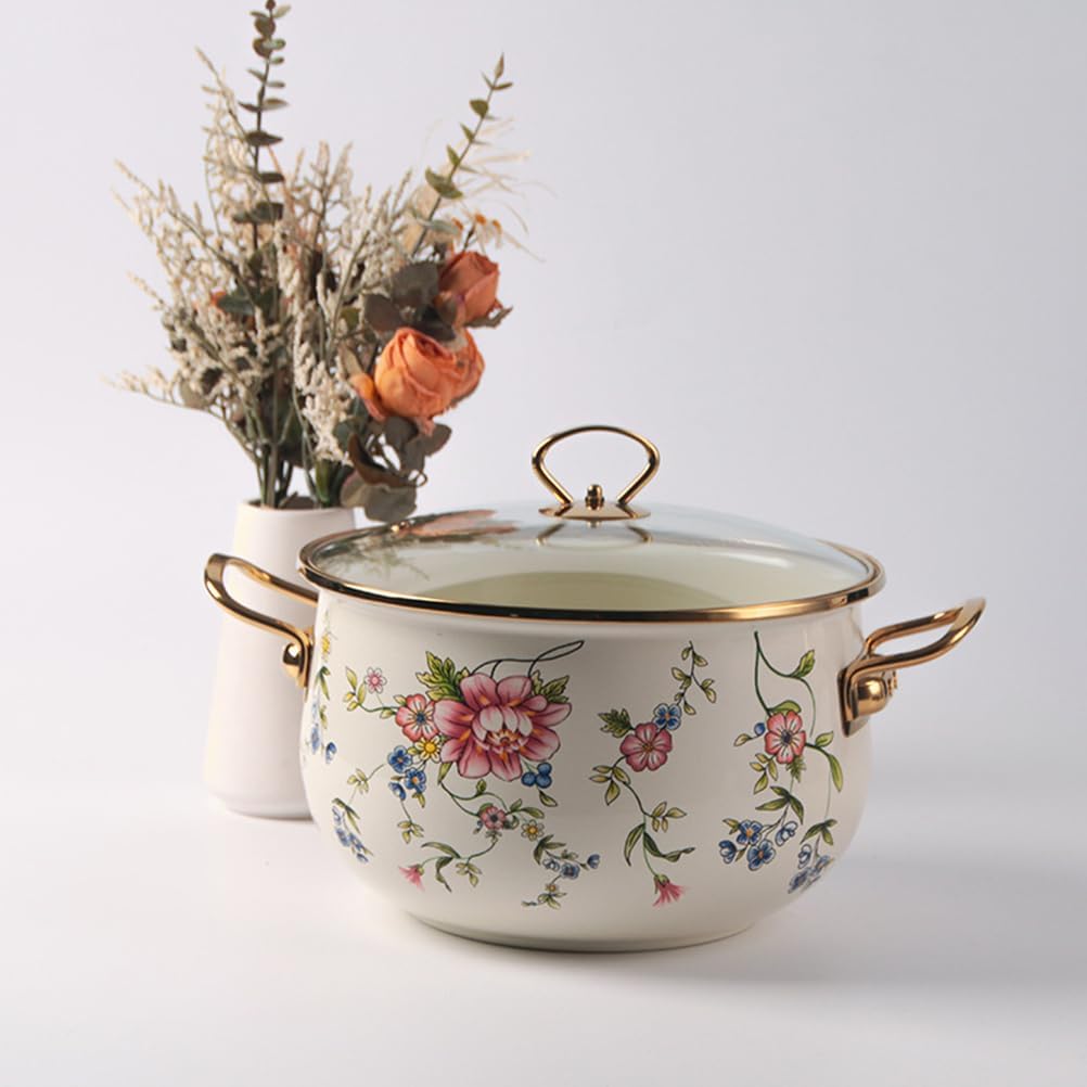 Enamel Simmer Pot with Glass Lid, Nonstick Saucepan Pot with Handle, Vintage Floral Stainless Steel Stockpot Cooking Pots for Induction Cookers and Stove,6 Quarts