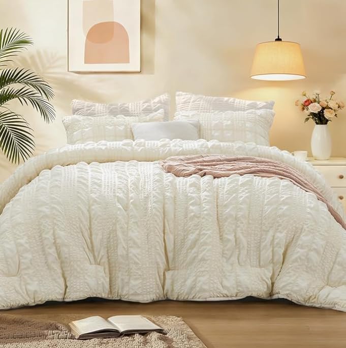 Image of BEDELITE King Size Comforter Set, Seersucker Bedding Set 3 Pieces, Cream | All Season Use, Machine Washable, Soft and Lightweight, Ruched Comforter for Bedroom, Wrinkle-Resistant, Cozy and Stylish