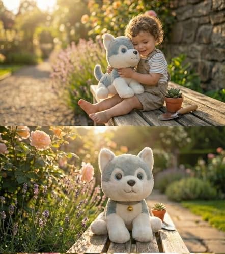 Image of Cute Husky Puppy Soft Toy, 28 cm Premium Plush Stuffed Animal with Bell Collar, Adorable Bedtime Buddy for Kids and Birthday Gifting