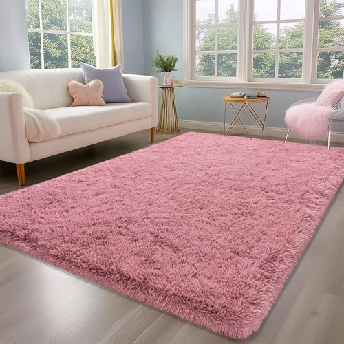 Fluffy Rug for Bedroom, 4x6 Blush Pink Shag Area Rug for Living Room, Soft Modern Indoor Fuzzy Plush Rug, Non-Slip Shaggy Carpet for Girls Kids Room Nursery Dorm Home Decor
