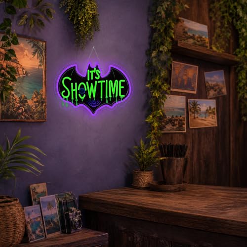 Image of Show Time Neon Sign Bat Skull Light Up for Halloween party Wall Decoration