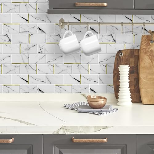 DÉCOR WOW Peel & Stick Backsplash for Kitchen & Bathroom, (8) 12x12-inch Sheets Covers 8 Sq. Ft, White Marble Subway with Gold
