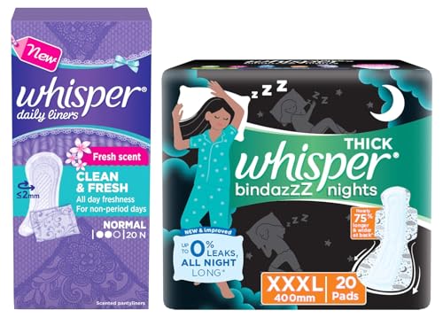 Image of Whisper Bindazzz Night Sanitary Pads|20 Thick Pads|XXXL|upto 0% Leaks|40 cm Long & Whisper Clean and Fresh Daily Liners 20 Count Sanitary pads for women (Pack of 1) COMBO