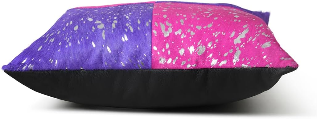 Leather Cushion Cover with Pink & Purple Cross Shades, Real Hair On, Silver meattalic Acid Wash Print (1)