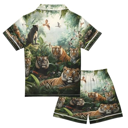ALAZA Animal Bird Tiger Leopard Satin Pajamas Set Short Sleeve Button Down Sleepwear Summer Pjs 2 Piece2