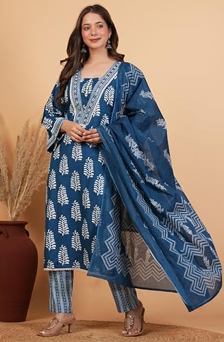 Image of Amayra Women's Pure Cotton Straight Kurta Set with Palazzo Pants & Dupatta|Ethnic wear|Kurta Set for Women