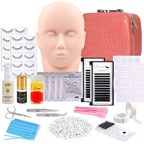 Eyelash Extension Kits, 17Pcs Professional Eyelash Grafting Training Tools Lashes Extension Practice Exercise Set with Mannequin Head Makeup Bag Glue Tweezers for Practice Eye Lashes Graft (17PCS) Cover