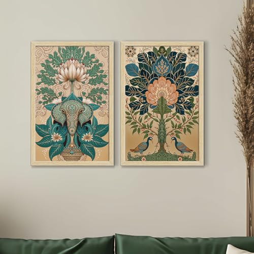 Image of ArtX Paper Madhubani Art Paintings with Frame for Home Decor, Wall Painting for Living Room, Multicolor, Natural Wood Color Frames, Set of 2