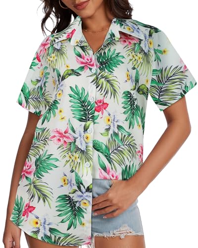Image of Women Hawaiian Shirt Button Down Summer Tops Beach Short Sleeve Blouse