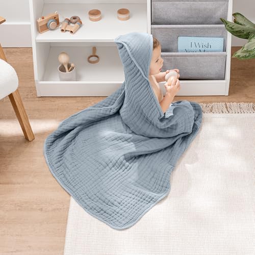 Image of Comfy Cubs Hooded Baby Towel 2-Pack, Large 32 x 32 Inch - 6 Layer 100% Muslin Cotton for Babies, Toddlers, Kids - Soft & Absorbent Baby Bath Towels - Unisex Design for Bath Time, Pacific Blue and Fern