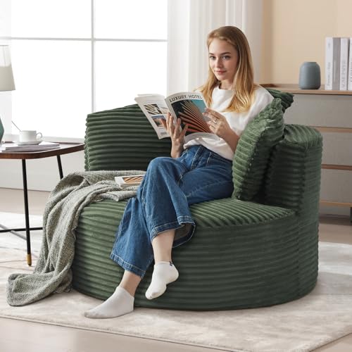 Image of Antetek 48.8-inch Round Chair, Modern Accent Corduroy Comfy Deep Seat Boneless Foam Floor Single Circle Chaise Sofa Chair with 3 Pillows for Living Room Bedroom Office, No Assembly Required, Green