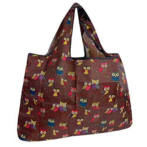allydrew Large Foldable Tote Nylon Reusable Grocery Bag, Owls Brown