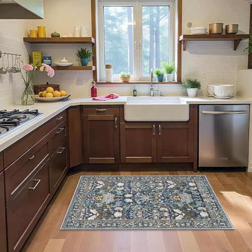 Washable 3x5 Entryway Area Rugs: Ultra Soft Low Pile Carpet for Kitchen Nursery Indoor Light-Weight Doormat Anti-Slip Thin Entry Rug for Living Room Bedroom Small Vintage Floor Mat(3x5,Floral/Blue)