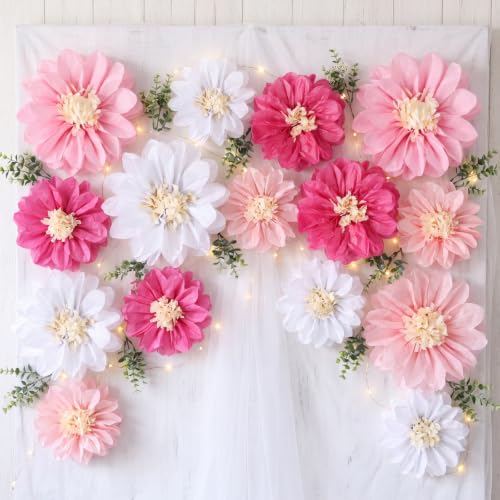 Image of Cholemy 24 Pcs Tissue Paper Flowers 8 inch 10 inch 12 inch, Pink, White