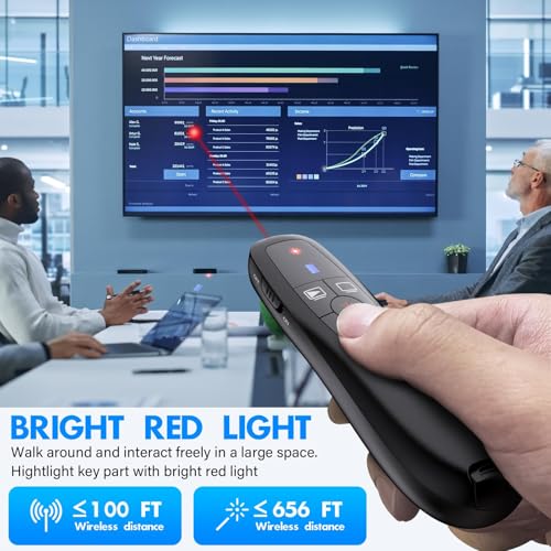 جهاز عرض لاسلكي قابل لاعادة الشحن، نطاق 2.4GHz 100 قدم، نوع C وUSB A بمؤشر ليزر 2 في 1 مع تحكم في مستوى الصوت، للكمبيوتر/ماك/الكمبيوتر، عروض باور بوينت/بي بي تي (R400)