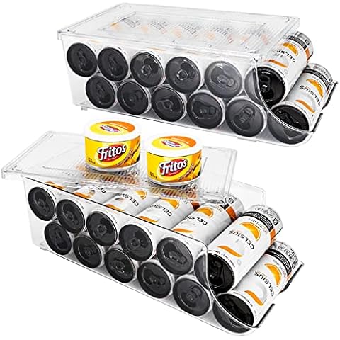 SCAVATA 2 Pack Skinny Can Organizer for Refrigerator, Stackable Tall Skinny Soda Pop Can Holder Dispenser with Lid for Fridge Pantry Rack Freezer, Clear Plastic Storage Bins-Holds 12 Slim Cans Each Cover