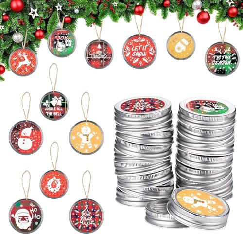 Haooryx 48Pcs Christmas Mason Jar Canning Lid Stickers for Christmas Tree Decorations, Round Self-adhesive Stickers for Metal Bottle Jar Lid Tree Hanging Decor Farmhouse Xmas Party Supplies (2 Size)