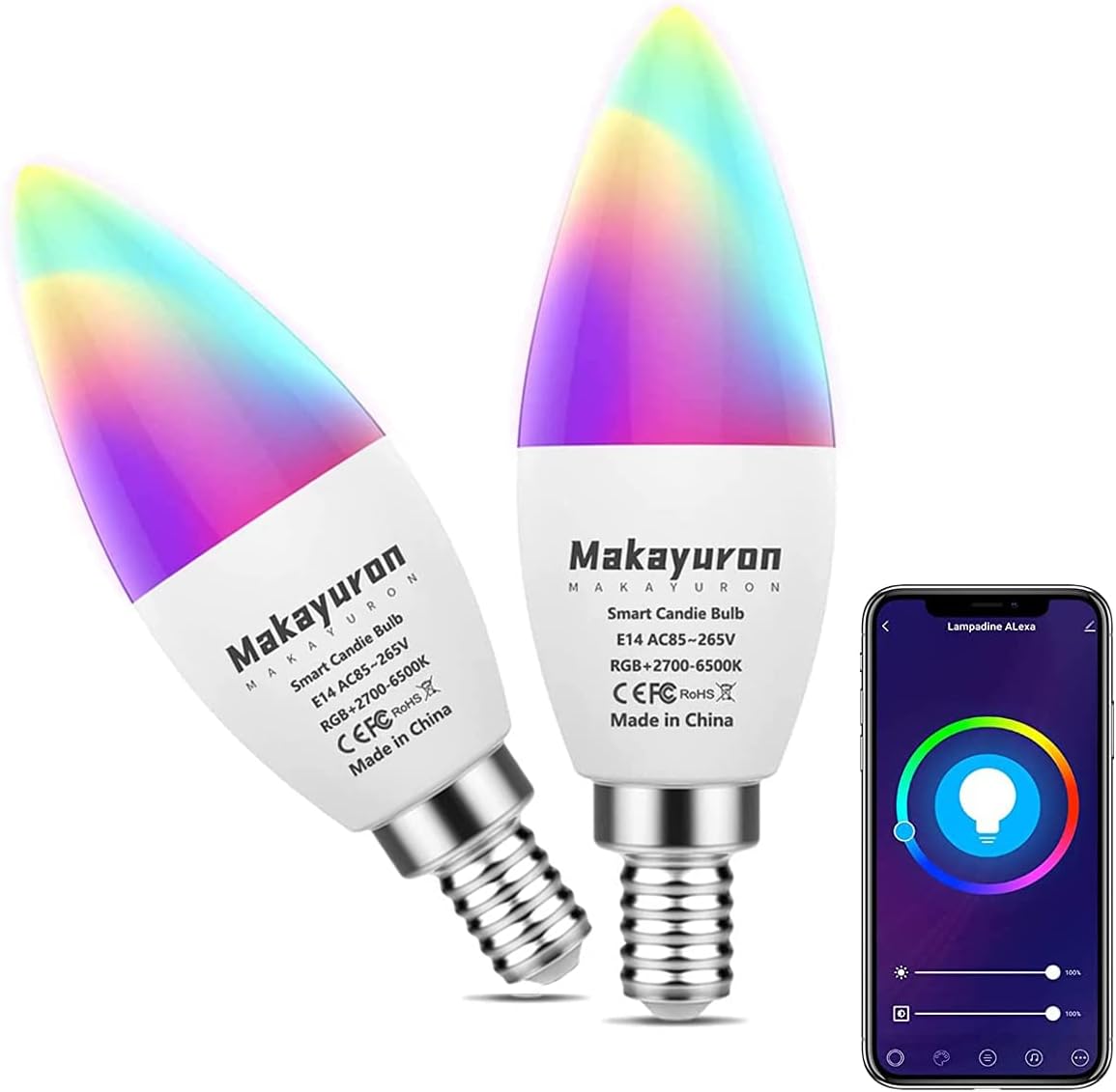 Makayuron Smart Candle Light Bulb 4 Pack, Smart WiFi E14 Base Candle Light Bulb 5W 450lm, AC 85-265V, RGBCW, Compatible with Alexa Echo, Google Home, 16 Million RGB + Cool White + Warm White (2 Pack)