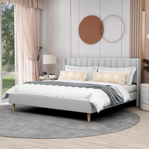 Image of AGARTT Upholstered Platform Bed Frame King Size, Light Grey Linen