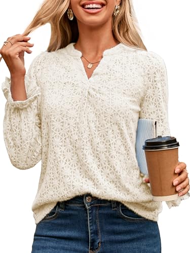 Simplee Womens Eyelet Dressy Blouses Tops Lace Casual Long Sleeve Hollow Out V Neck Fall Spring Boho Shirts