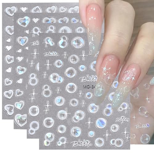 3D Engraved Nail Art Sticker Cute Lovely Heart Bubble Stars 3D Flat Self-Adhesive Design Nail Art Decals Summer Shells Light Bubbles Adhesive Sliders Nail Stickers Decorations for Manicure 4Sheets
