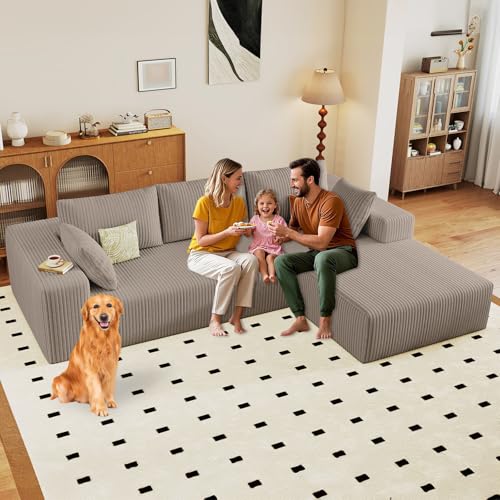 Image of 96 inch Modular Sectional Sofa, Modern Corduroy Cloud Couch with Deep Seat, Boneless Couch Upholstered 3-Seater L-Shaped Sofa for Living Room, No Assembly Required (Camel, Right-Facing Chaise)